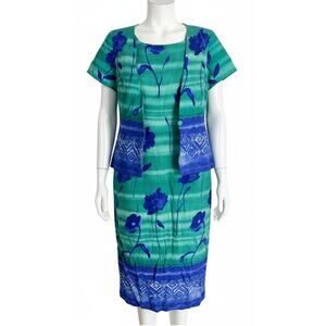 Vintage Miss Scarlett Midi Dress Size 12 Petite Blue Green Short Sleeve Office